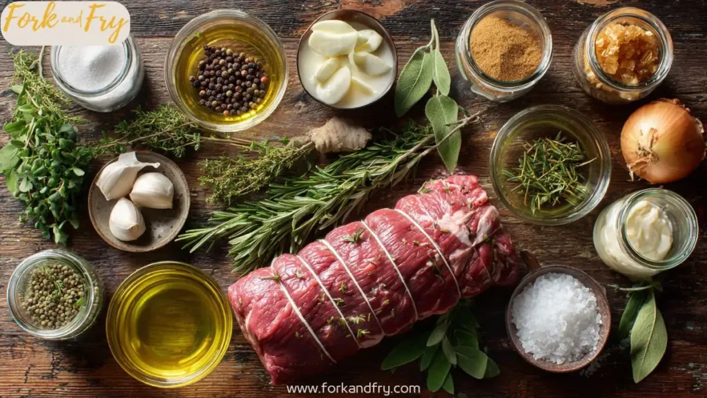 Best Brine Recipes for a Juicy Deer Roast. Ingredients for a juicy deer roast including salt, cider, and herbs