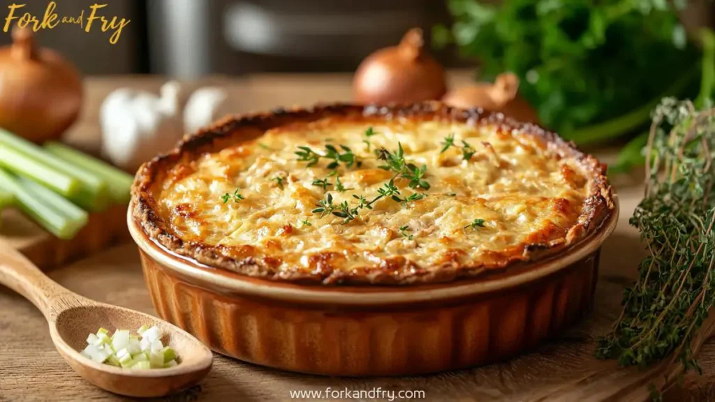 Freshly baked chicken dressing in a rustic ceramic dish, served with fresh ingredients like celery, onions, and thyme, set in a homestyle kitchen.