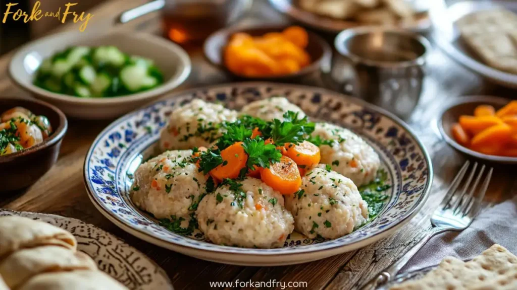 Homemade gefilte fish on a porcelain plate with carrots and parsley, surrounded by matzo, horseradish, and pickled vegetables on a rustic wooden table