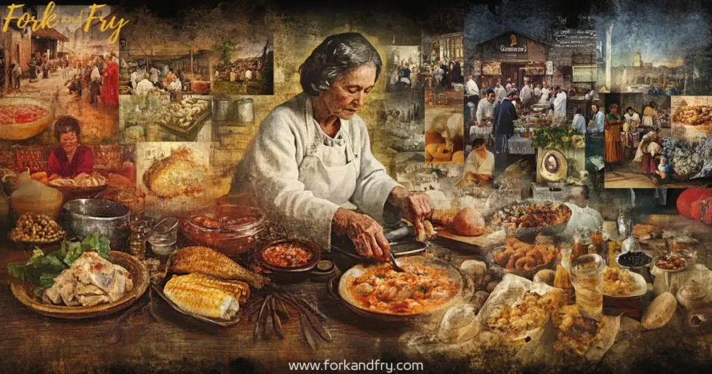 Historical depiction of gefilte fish preparation in a Jewish kitchen with grandmother cooking, traditional culinary heritage in warm lighting