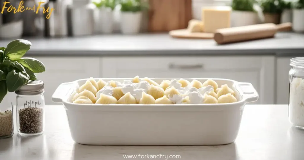 Prep scene with uncooked jumbo pasta shells, ricotta cheese, and fresh basil on a clean kitchen tabletop