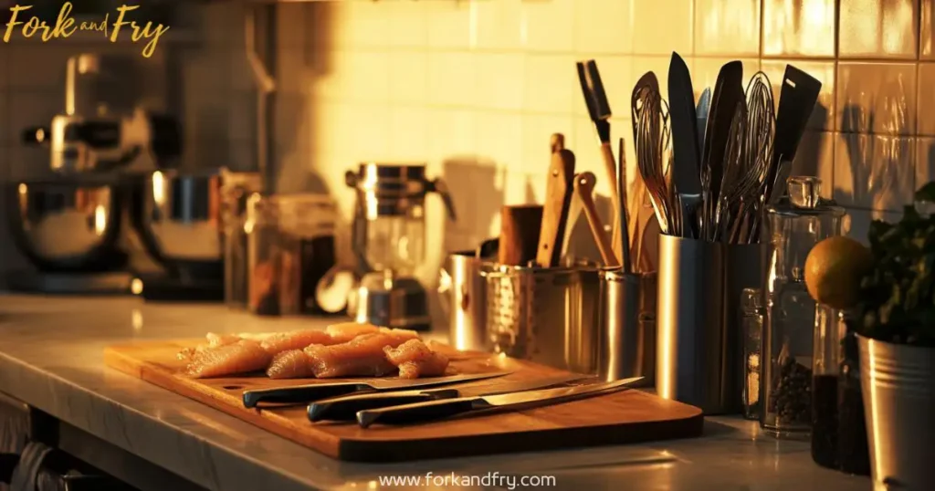 A well-organized kitchen counter with essential seafood preparation tools for cleaning and preparing Grupa fish.