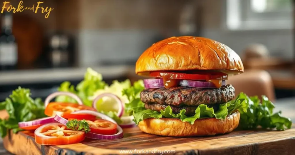 Bison burger with melted cheese, lettuce, tomato, and a toasted brioche bun, served on a wooden board.