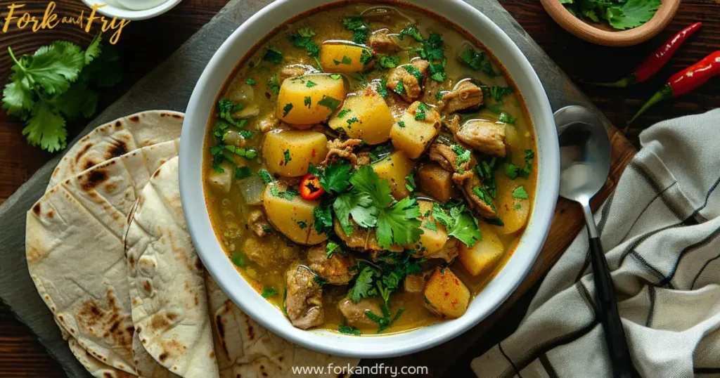 Modern Overhead Shot of Green Chile Stew with Contemporary Styling Overhead view of green chile stew with pork, roasted chiles, and potatoes, styled on a modern wooden table with clean, contemporary Southwestern accents.