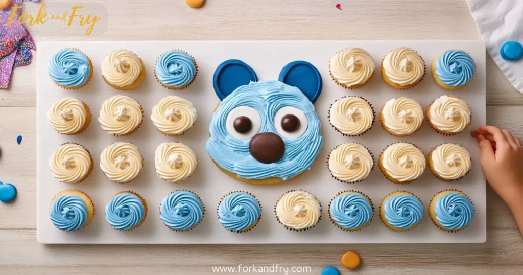 Bluey Cake Cupcakes Cartoon Face Bluey cake cupcakes forming cartoon face with buttercream frosting and candy eyes