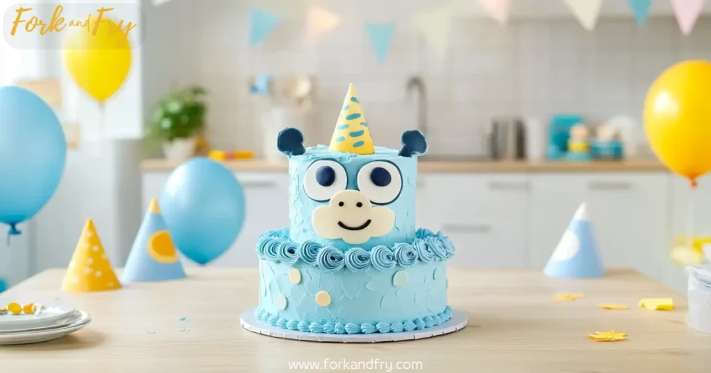 Bluey Cake Homemade Birthday Scene Bluey cake centerpiece on light wood table with colorful balloons and party hats