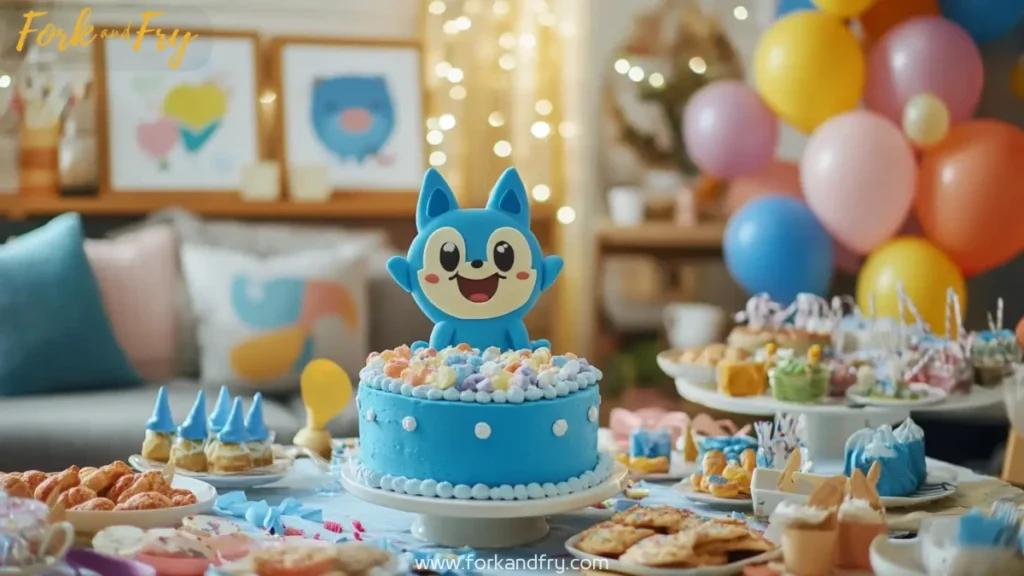 Vibrant Bluey-themed party scene with whimsical atmosphere featuring Bluey birthday cake, party treats, decor, and character figurines