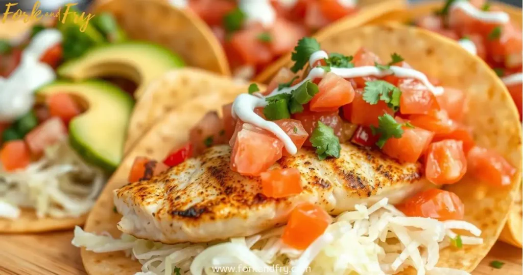 Creative Fish Taco Toppings with Fresh Ingredients and Sauces Creative fish taco toppings with radishes, pineapple, queso fresco, and sauces on a rustic table