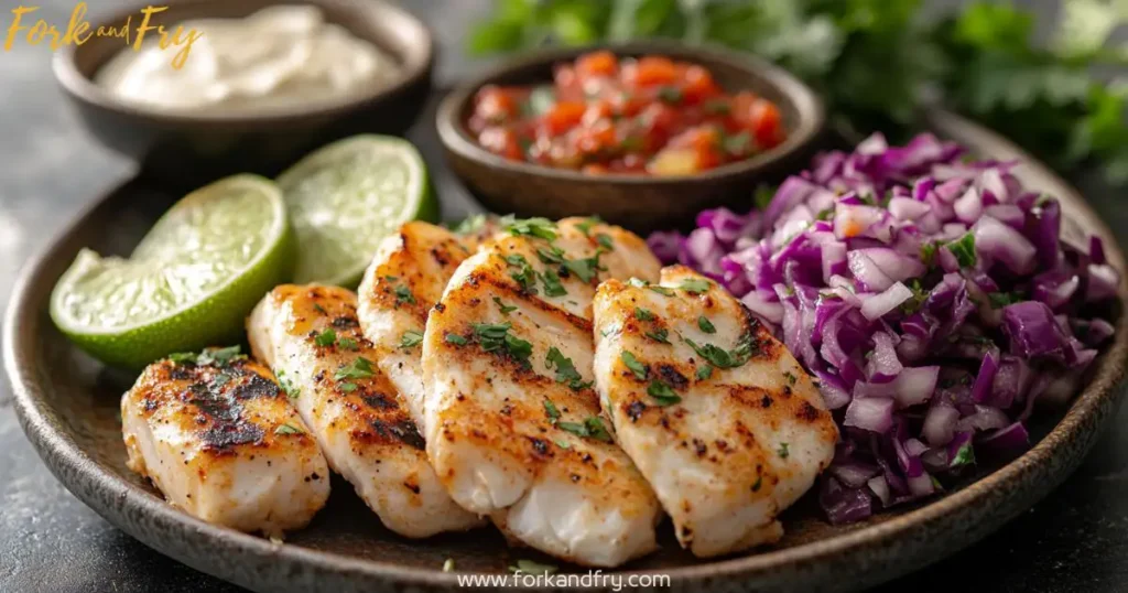 Colorful Fish Taco Toppings with Rustic Presentation Fish taco toppings with avocado, tomatoes, grilled fish, lime, and shredded cabbage on a rustic surface