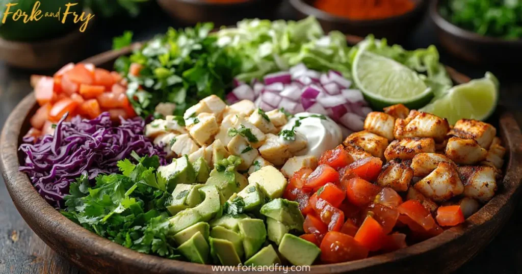 Best Fish Taco Toppings Display Fish taco toppings including grilled fish, avocado, lime, and cabbage on a rustic wooden table