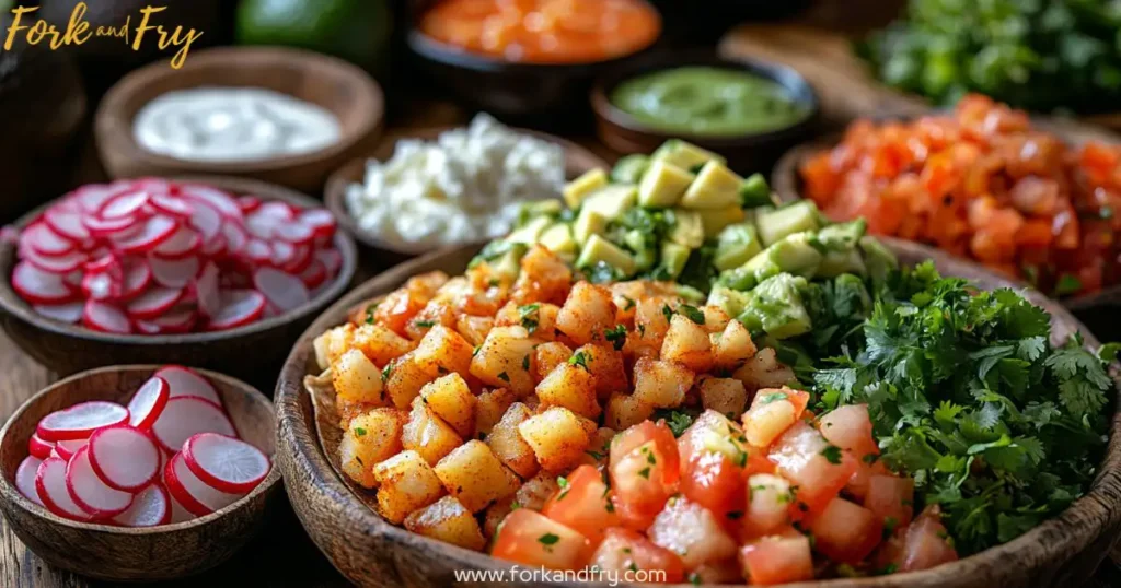 Fish Taco Toppings with Sauces and Kitchen Prep Tools Fish taco toppings with guacamole, taco sauce, and prep tools on a rustic table
