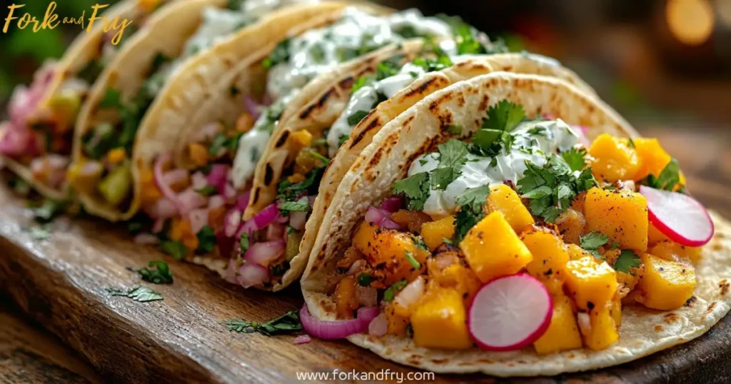 Fish Tacos with Flavorful Toppings and Warm Tortillas Flavorful fish tacos with grilled fish, pico de gallo, avocado, and crema on corn tortillas