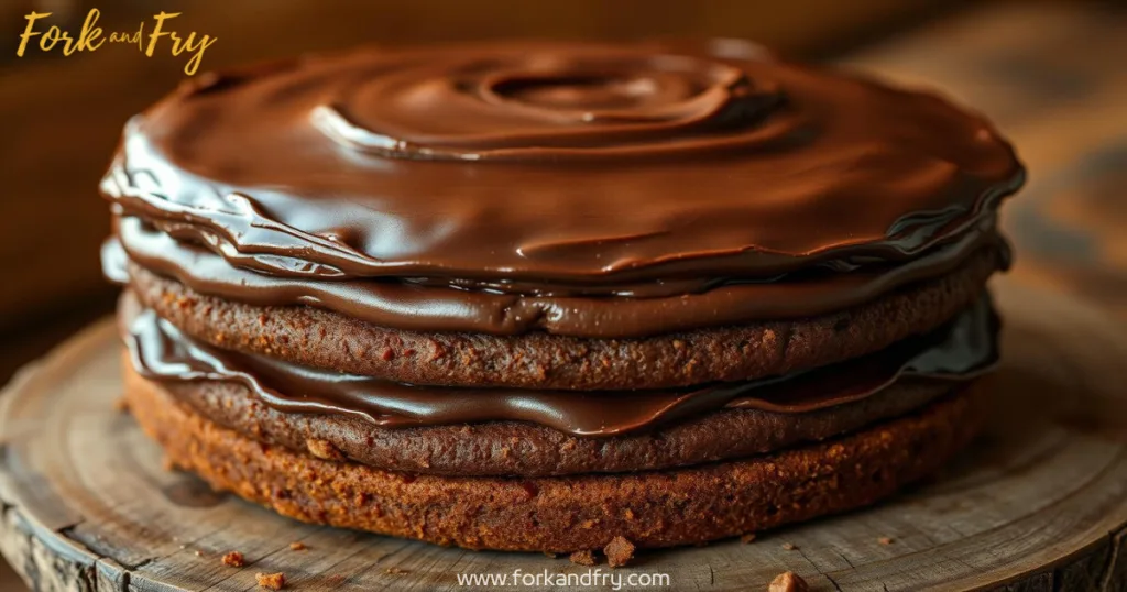 Smith Island Cake with Chocolate Frosting Close-up view of a traditional Smith Island cake with rich chocolate frosting on a wooden surface
