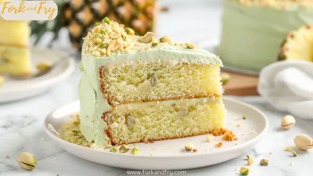 Slice of layered Tropical Pistachio Bliss Cake with pistachio frosting, pineapple chunks, and chopped nuts on top