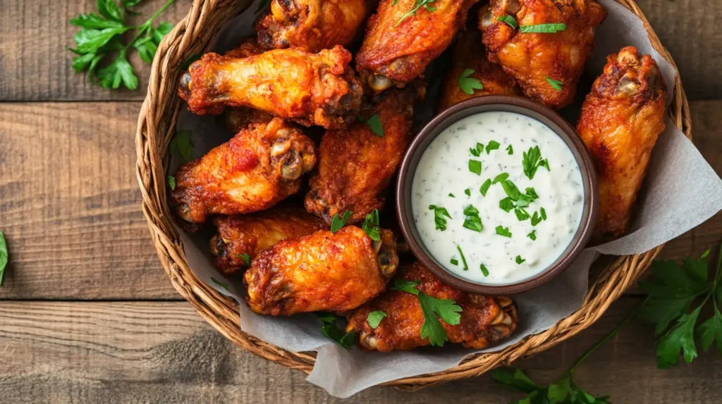 Crispy air fryer chicken wings served with ranch and parsley