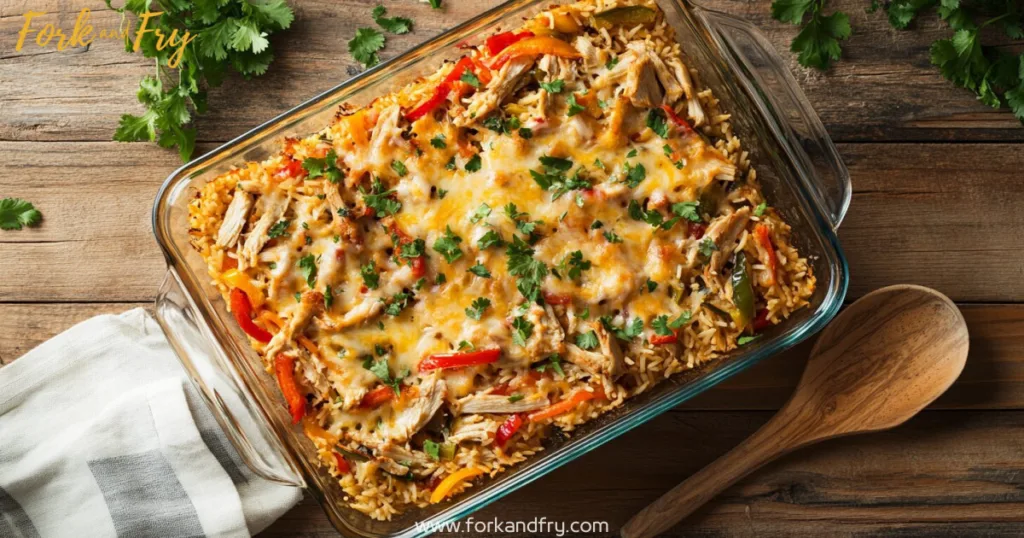 Chicken Casserole Fajita in Glass Baking Dish Freshly baked chicken casserole fajita in a clear glass baking dish