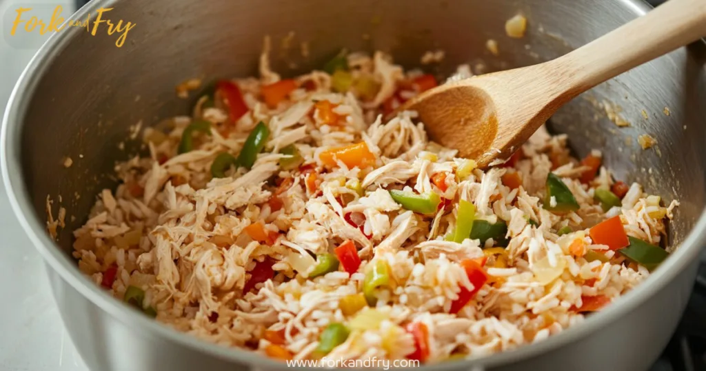 Chicken Casserole Fajita Mixing Bowl Shredded chicken, peppers, onions, rice, and creamy soup in a mixing bowl