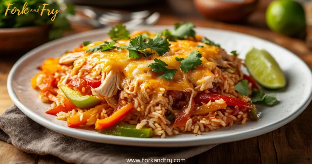 Chicken Casserole Fajita Plated on White Ceramic Dish Hearty serving of chicken casserole fajita on white ceramic dish with shredded chicken, rice, sauted peppers, onions, melted cheese, cilantro, and lime wedge