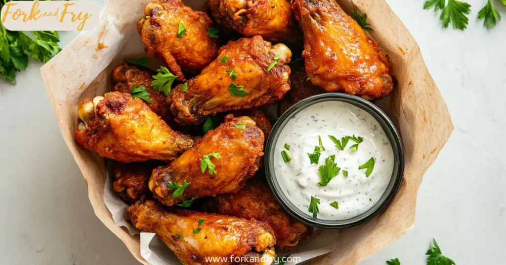 Crispy air fryer chicken wings served with ranch and parsley on a modern table