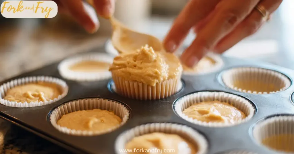 gluten free carrot cake cupcakes batter Scooping gluten-free carrot cupcake batter into liners
