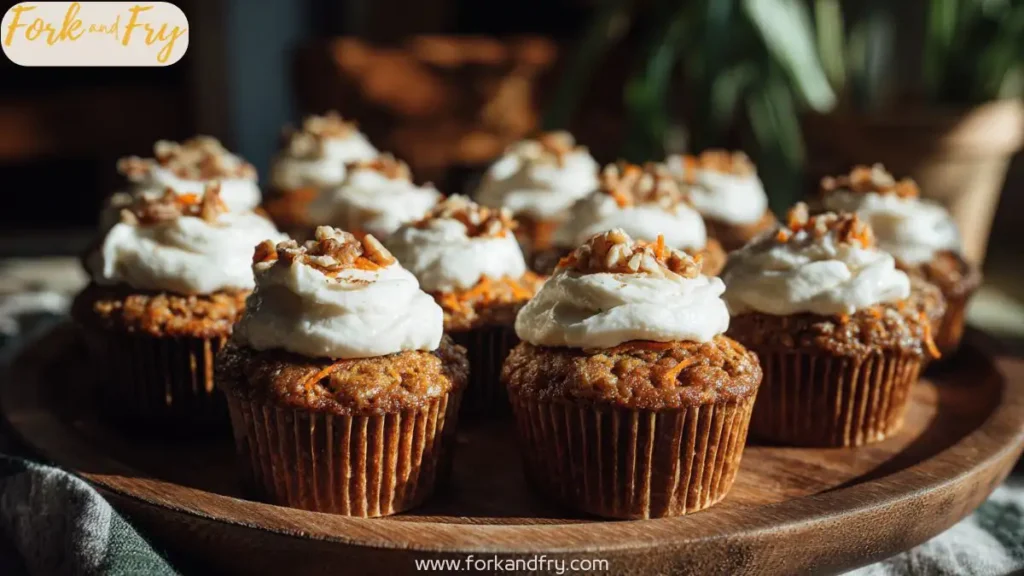 Gluten free carrot cake cupcakes on rustic table