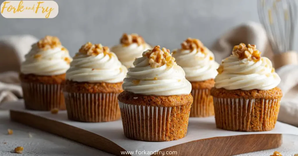 gluten free carrot cake cupcakes side by side Gluten-free carrot cake cupcakes lined up with cream cheese frosting