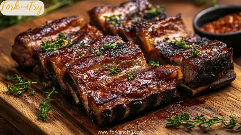 Grilled beef short ribs on wood board