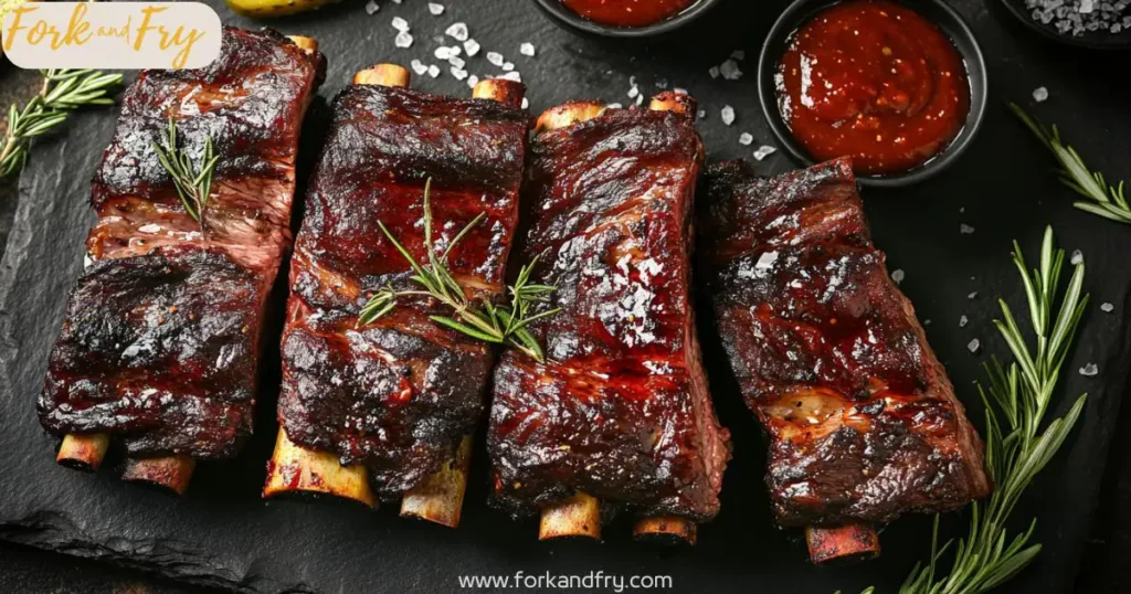 grilled beef short ribs slate platter Grilled beef short ribs served on dark slate with sauce
