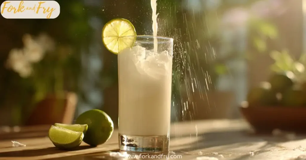 lime coconut drink step3 Pouring lime and coconut drink into serving glass