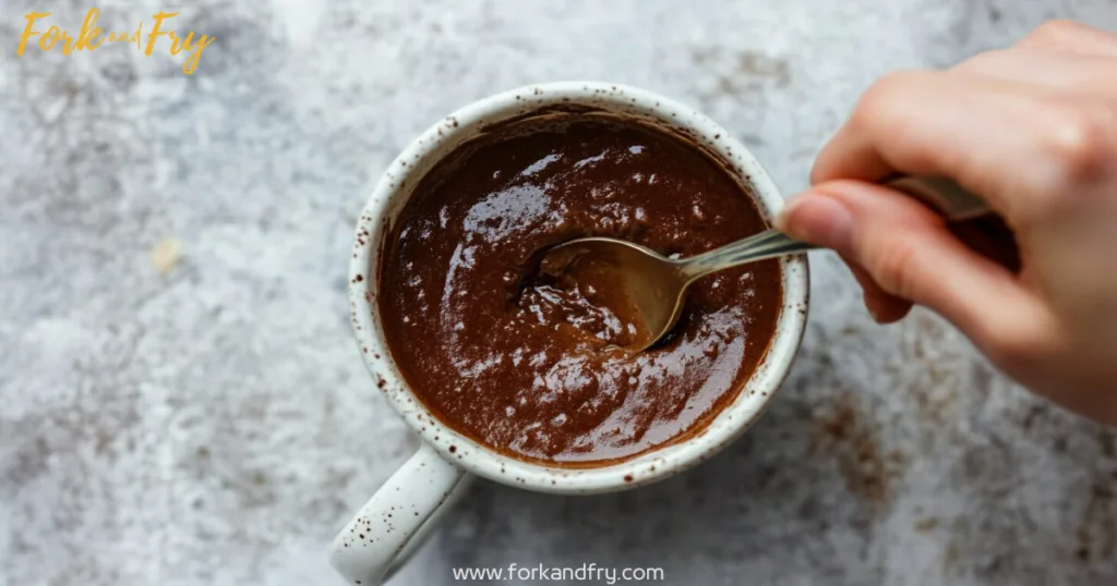Hand stirring protein mug cake batter inside a white mug with a spoon