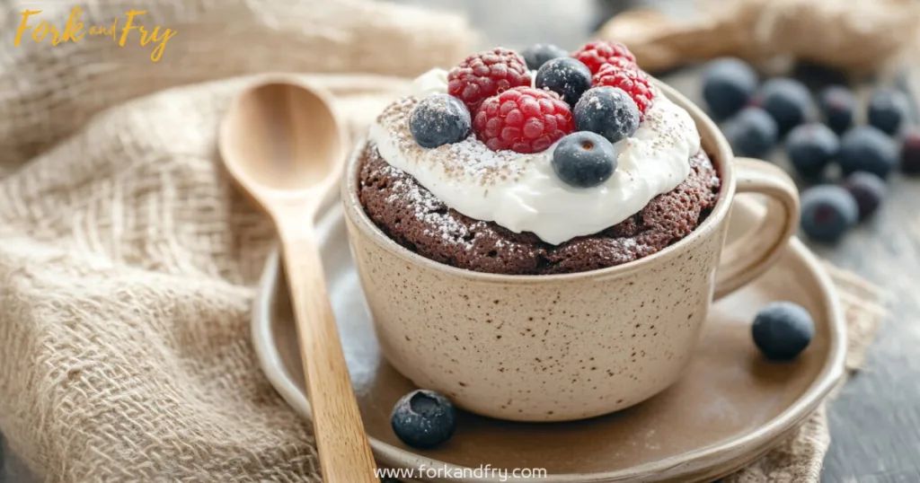 Protein mug cake topped with Greek yogurt and fresh berries on a small plate, wooden spoon, cozy rustic setting