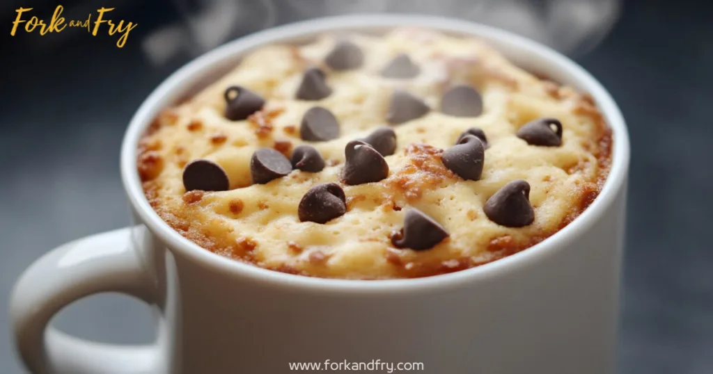 Freshly microwaved protein mug cake in white mug with golden edges and gooey chocolate chips