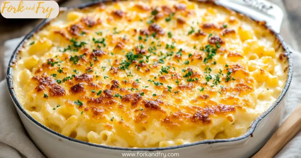 Skillet-baked 5 cheese mac and cheese with bubbling cheese
