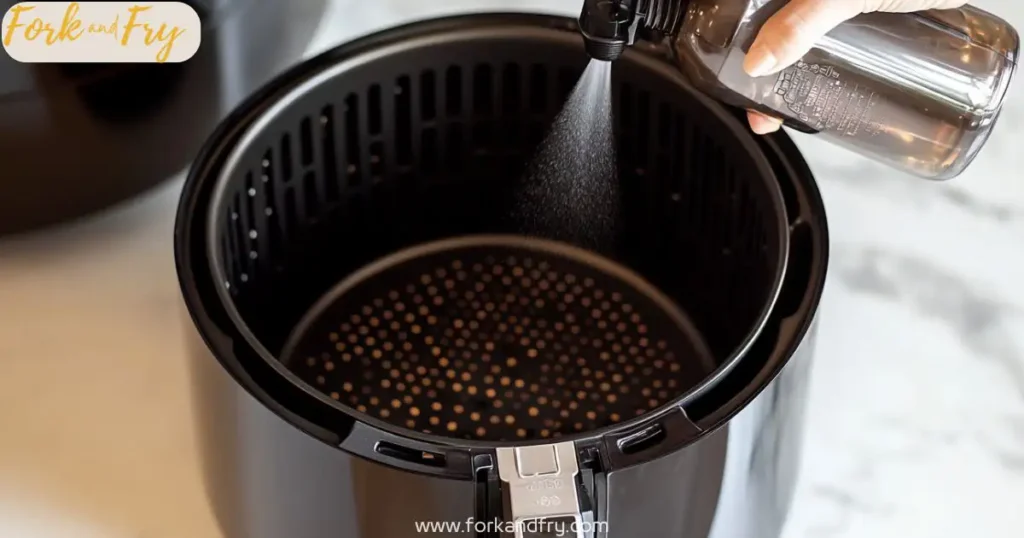 Spraying air fryer basket with oil