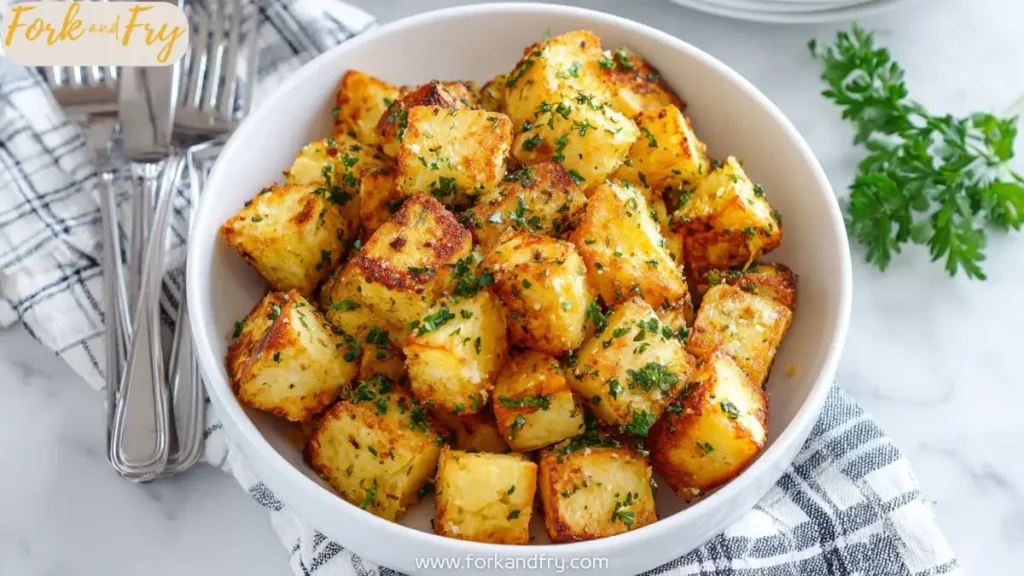 Air Fryer Garlic Parmesan Potato Cubes in a White Bowl