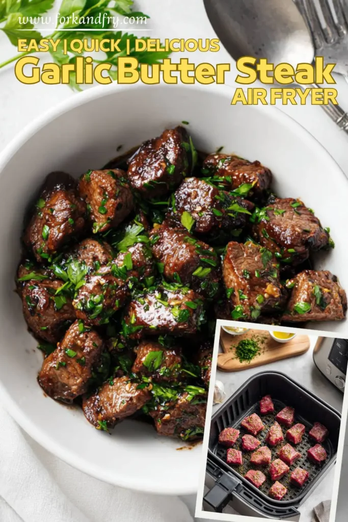 Air Fryer Garlic Butter Steak Bites FAF Garlic Butter Steak Bites in a White Bowl with Fresh Parsley
