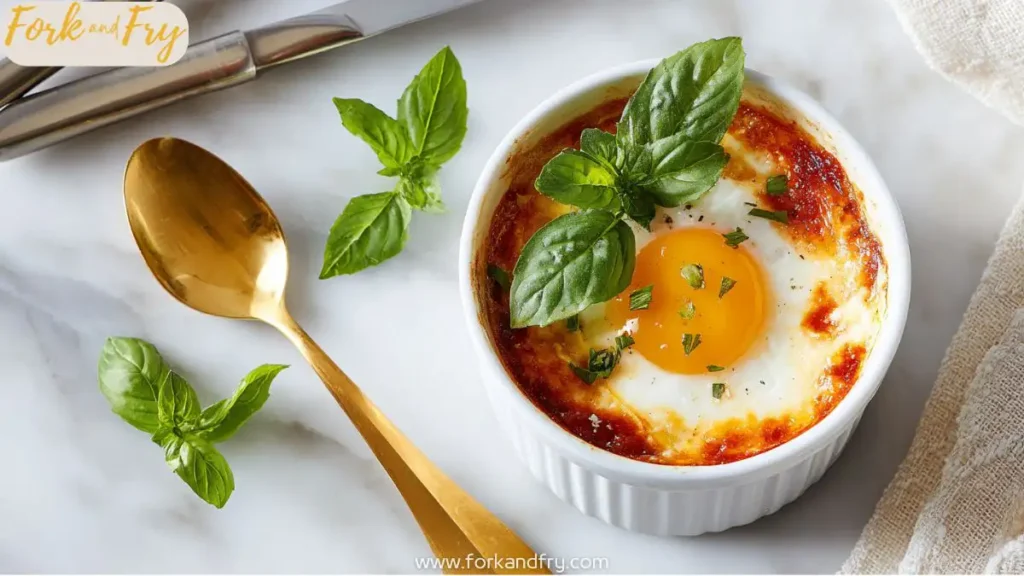 Baked Feta Eggs with Tomatoes and Spinach in Ramekin