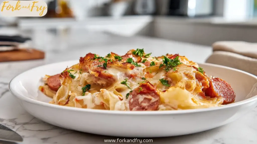 Cheesy Crockpot Pierogi Casserole with Kielbasa