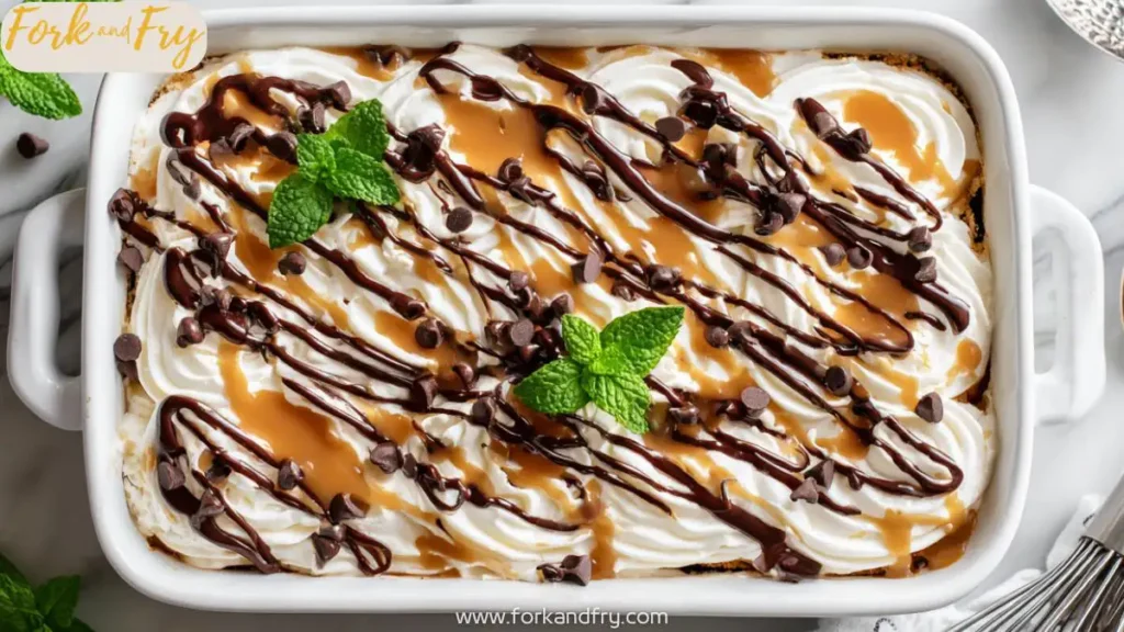 Easy Ice Cream Sandwich Cake Topped with Fudge and Toffee