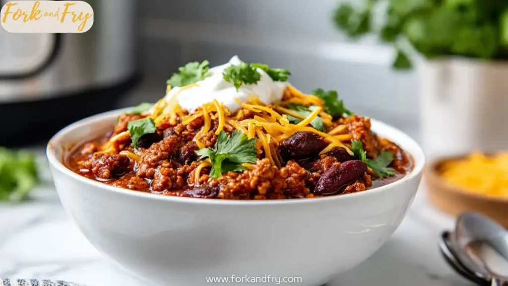 Easy Turkey Chili in a White Bowl with Fresh Toppings