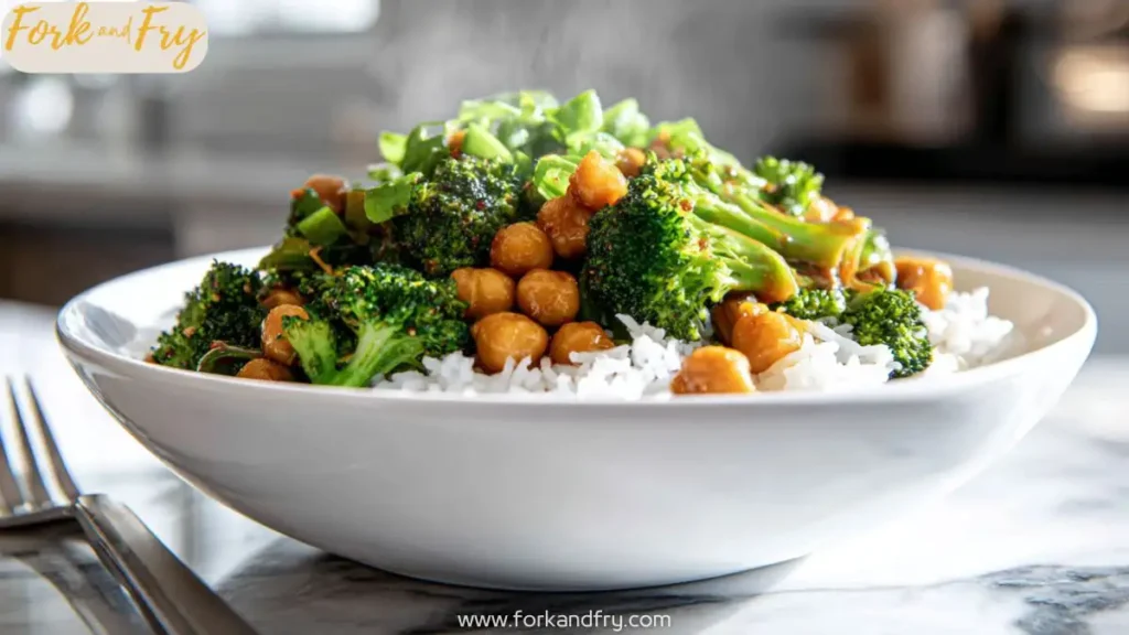 Easy Garlic Broccoli Chickpea Stir Fry in White Bowl