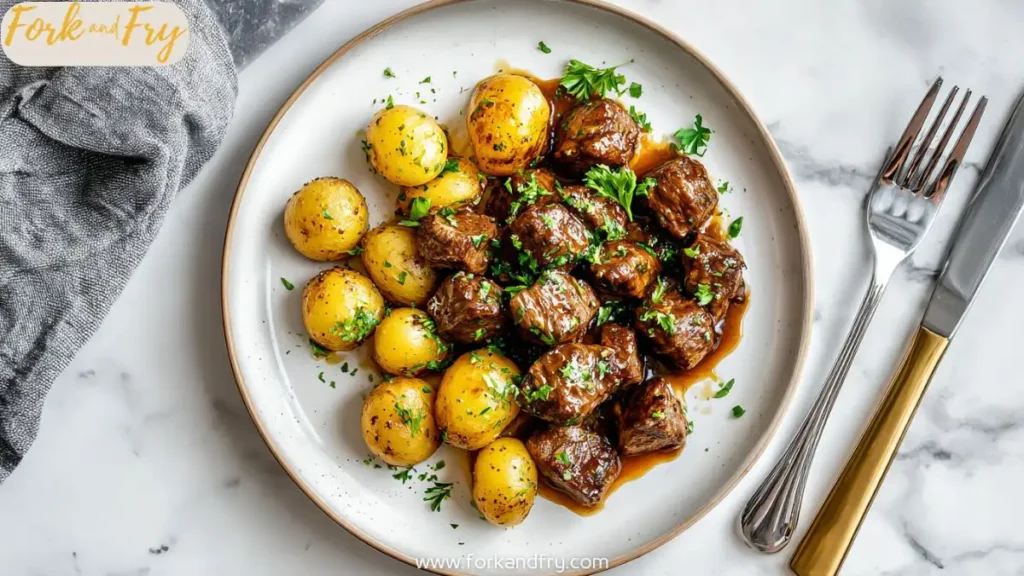 Garlic Butter Beef Bites and Baby Potatoes in on a white plate