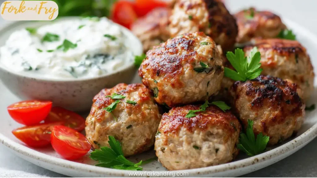 Juicy Greek Turkey Meatballs with Tzatziki Sauce on White Plate