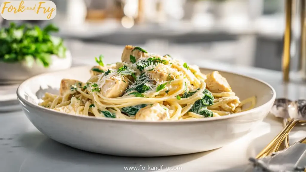 Healthy Garlic Parmesan Chicken Pasta in White Ceramic Bowl