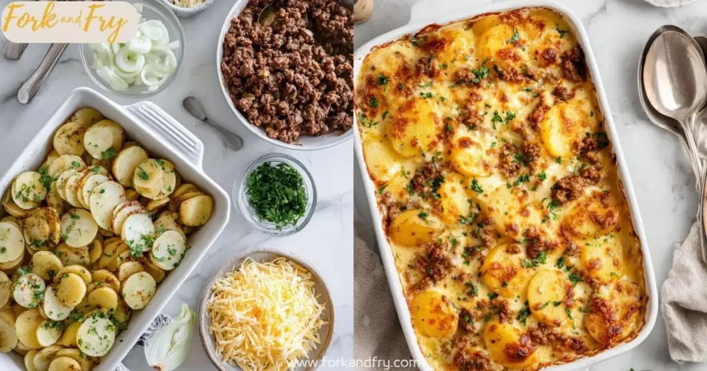 Hobo Casserole Ground Beef ingredients collage Hobo casserole prep scene with sliced potatoes, cooked ground beef, shredded cheese, and final baked dish