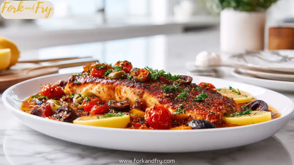 Baked Mediterranean Fish with Tomatoes, Olives, and Herbs