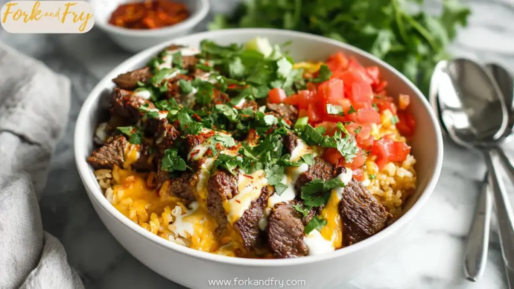 Top-Down View of Cheesy Steak Queso Rice Bowl in White Ceramic Dish