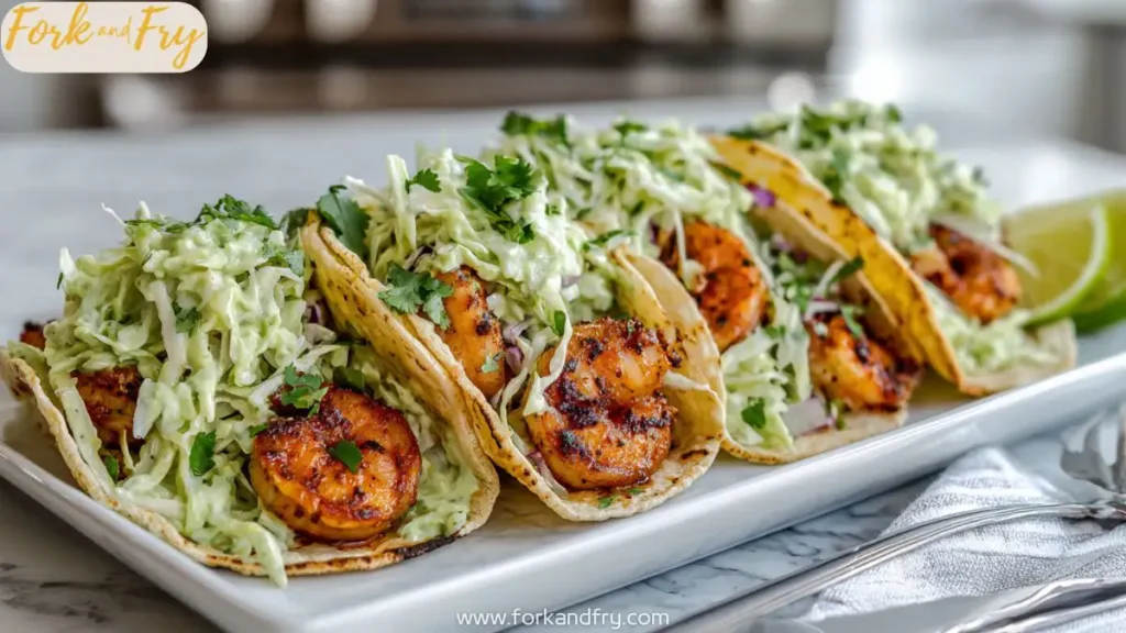 Shrimp Tacos with Cilantro Lime Marinade and Creamy Slaw
