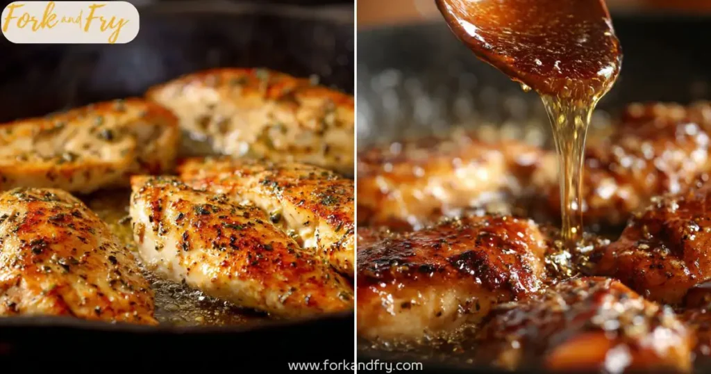 butter pour chicken skillet Pouring honey butter over chicken