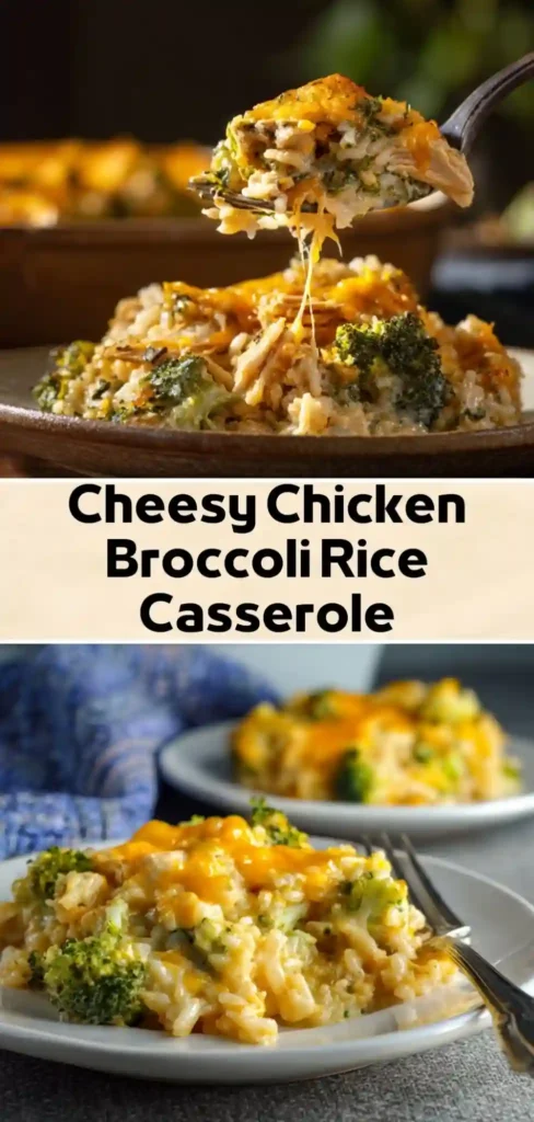 Cheesy Chicken Broccoli Rice Casserole – Easy Creamy Family Dinner cheesy chicken broccoli rice casserole with melted cheddar cheese served on plate